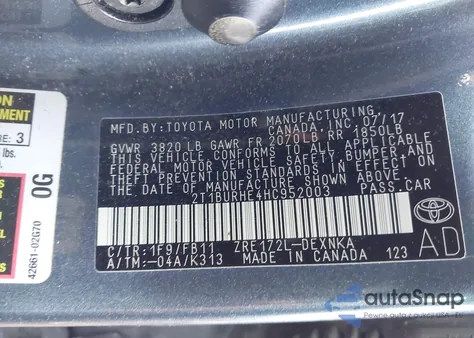 2017 Toyota Corolla Le from USA, damaged, VIN 2T1BURHE4HC952003